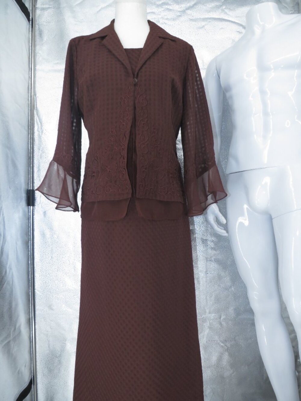 Vintage Plaza Collection Brown Maxi Dress Jacket Set Size 8 Chiffon Embroidered